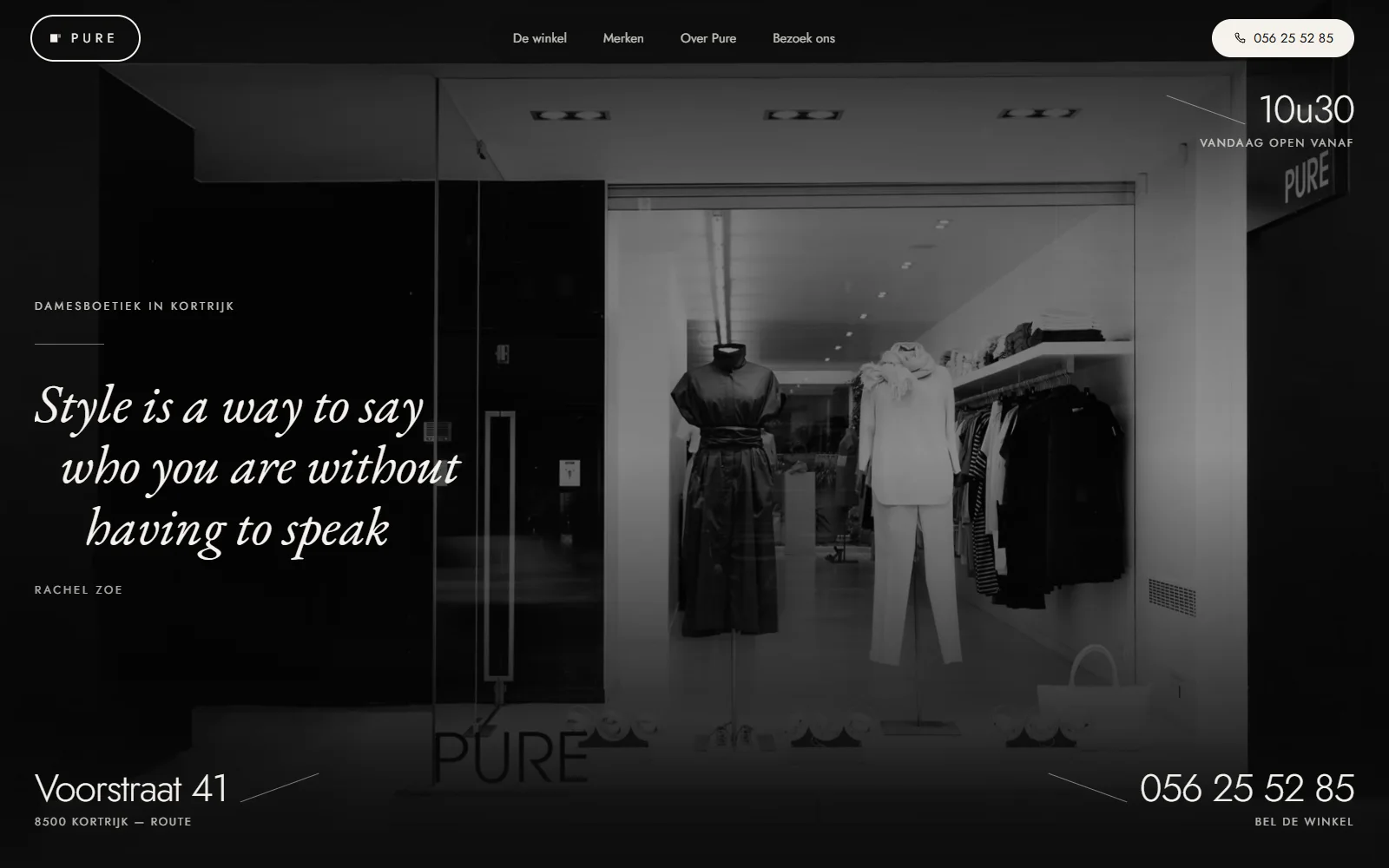 The Pure website, a women's fashion boutique in Kortrijk