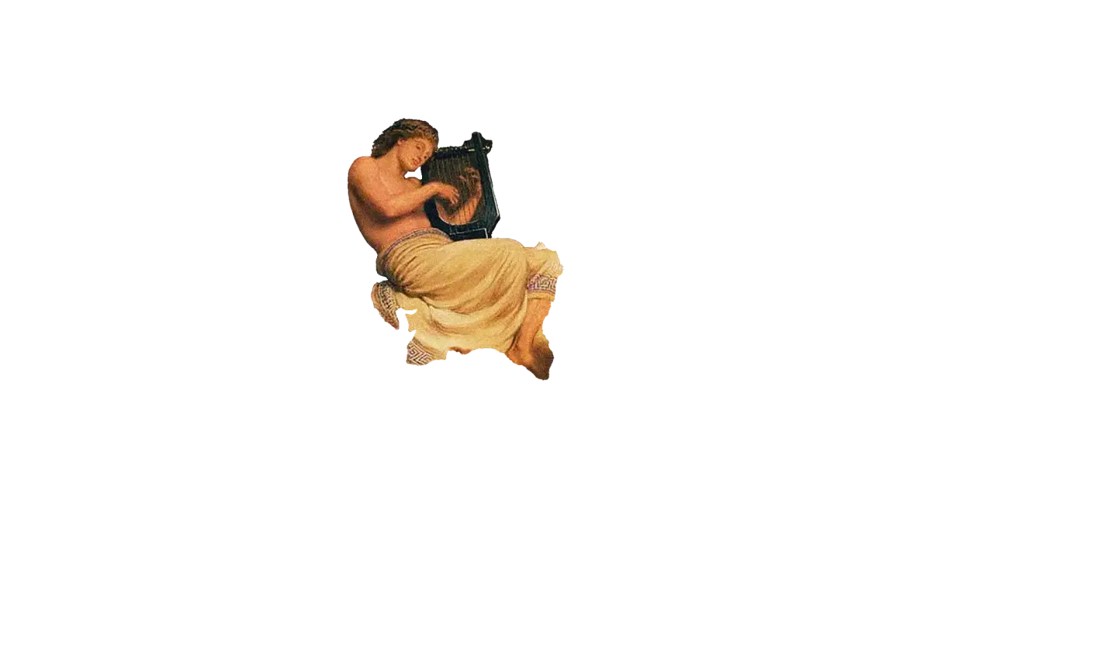 A lyre player from a classical painting, lit against a dark forest at night